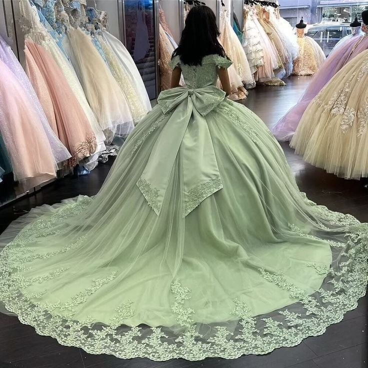 Sage Green Princess Quinceanera Dress Ball Gown Applique Off Shoulder Sweet 16 Prom Dress SH1135