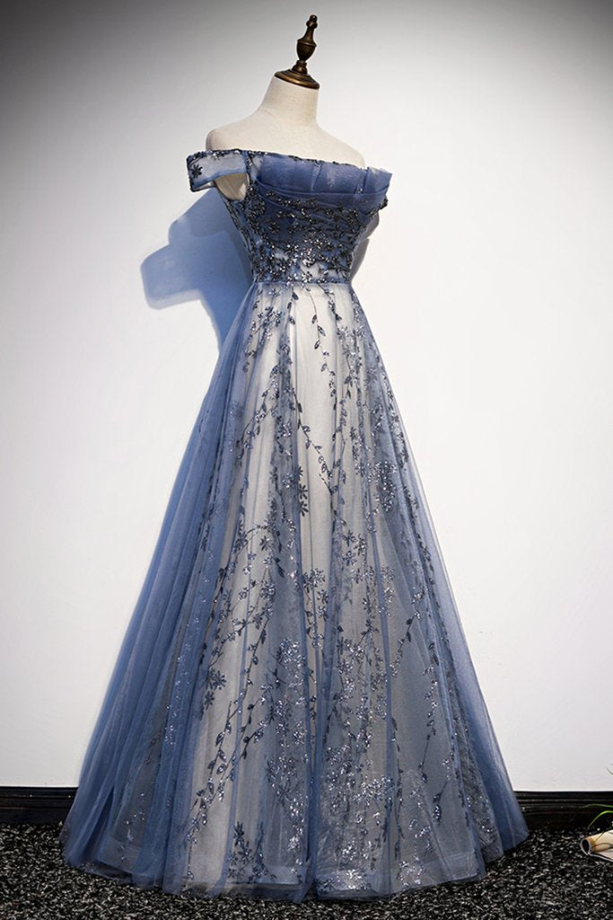 Stunning Blue Tulle Off Shoulder A Line Long Prom Dress, Evening Dress With Sleeve KS7424