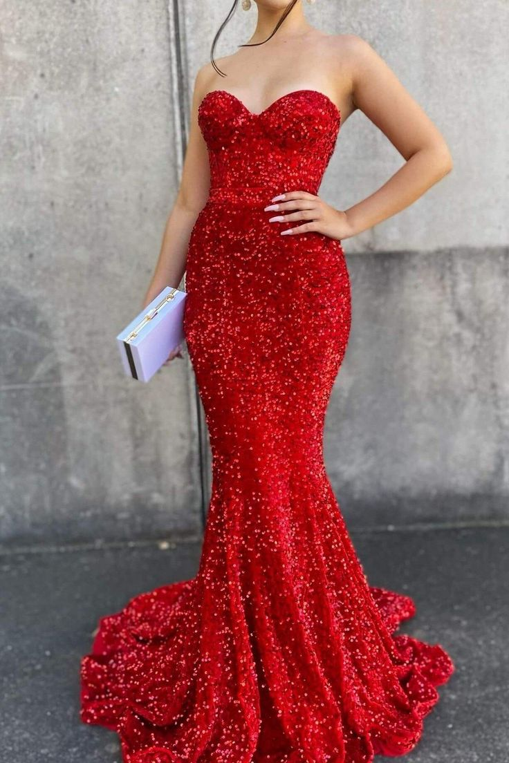 Red Sequins Strapless Long Prom Dress Mermaid Slit Evening Dress SH721
