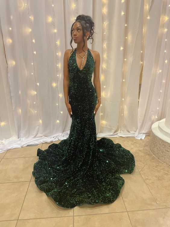 Dark Green Sequin Mermaid Prom Dress SH910