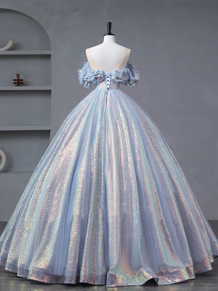 Off Shoulder Tulle Sequin Long Prom Dress Formal Quinceanera Dress Ball Gown  SH1325