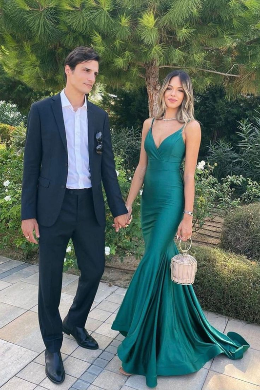 Green Mermaid Satin Long Prom Dress Backless Party Dress SH1113