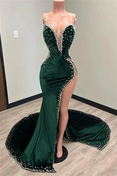 Black Girl Prom Dresses Long Mermaid Green Prom Gown With Train SH614