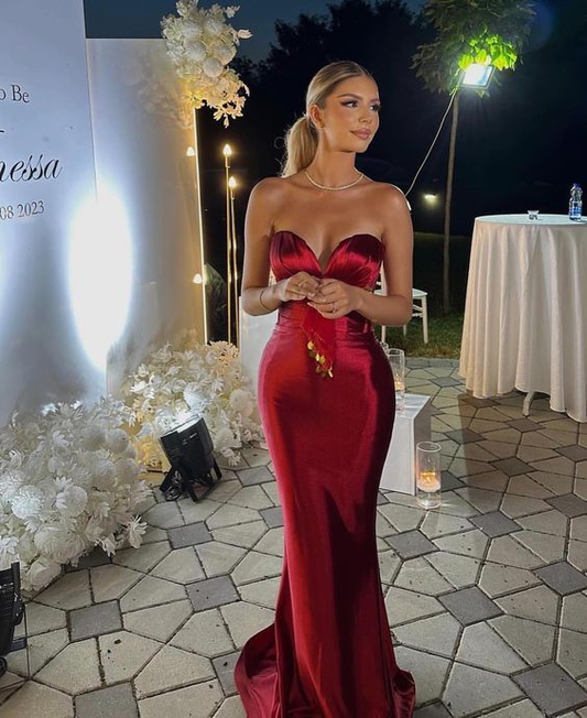 Sexy Sweetheart Burgundy Satin Long Evening Dress Mermaid Prom Dress SH1249