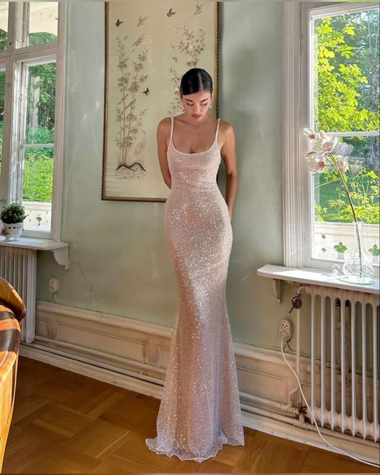 Elegant Mermaid Sequin  Pink Prom Dress Long Brithday Evening Dress SH1215