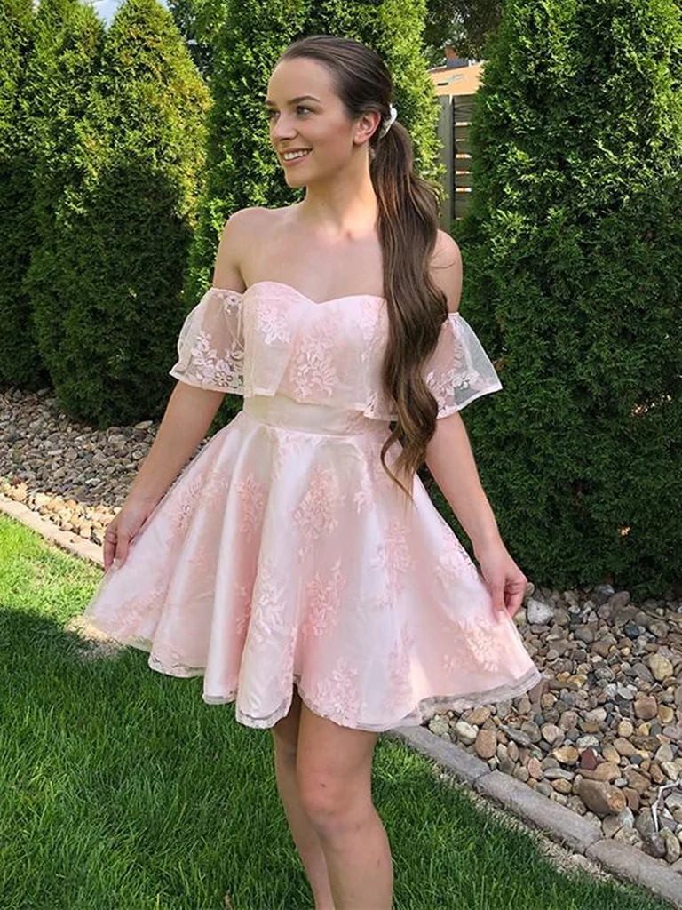 Off Shoulder Short Pink Lace Graduation Homecoming Dresses ,Prom Dresses SH590