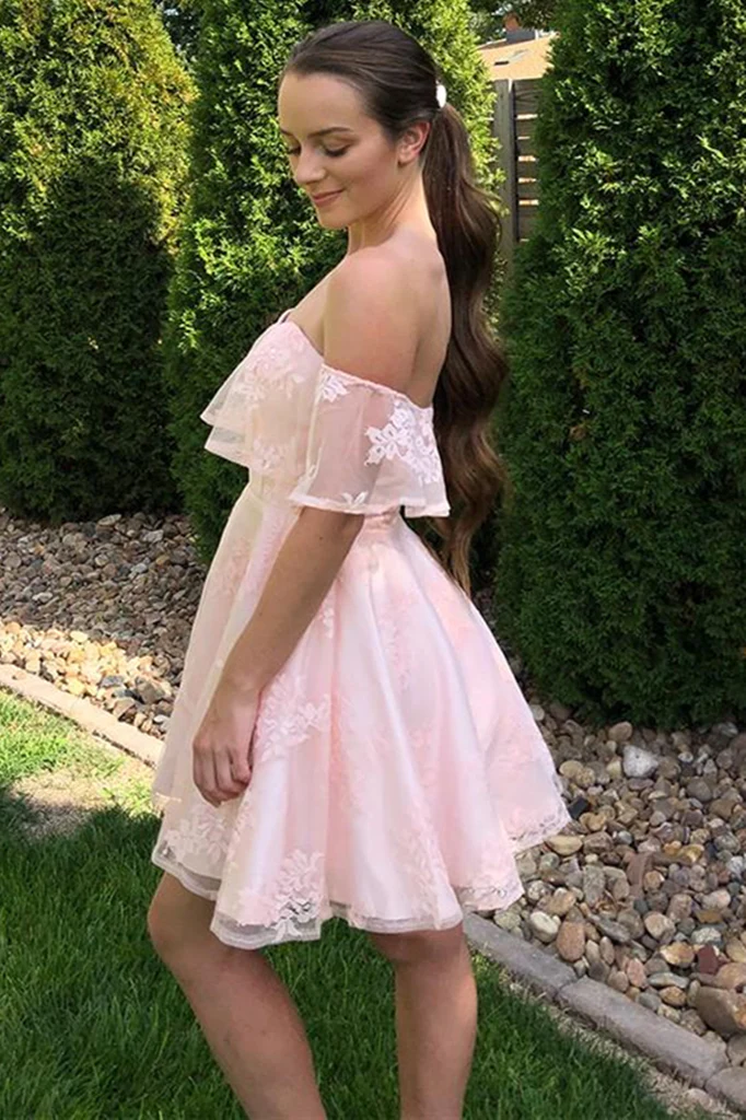 Off Shoulder Short Pink Lace Graduation Homecoming Dresses ,Prom Dresses SH590