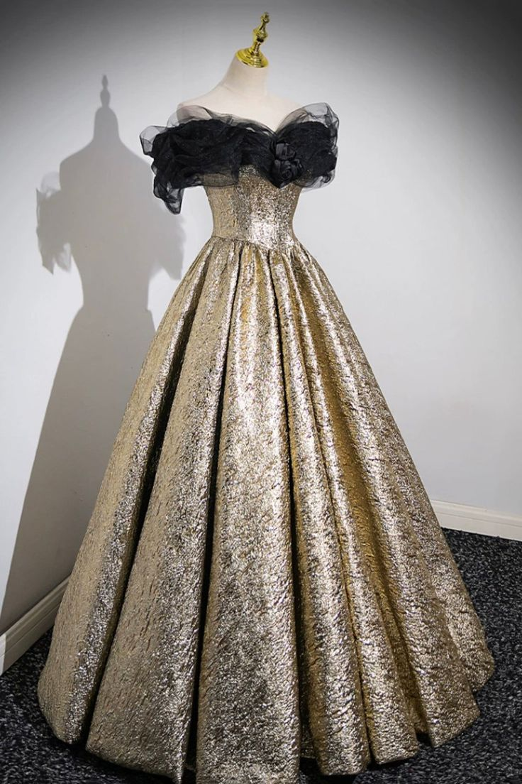 Glitter Gold Prom Dress Ball Gown Off the Shoulder Evening Dress SH1326