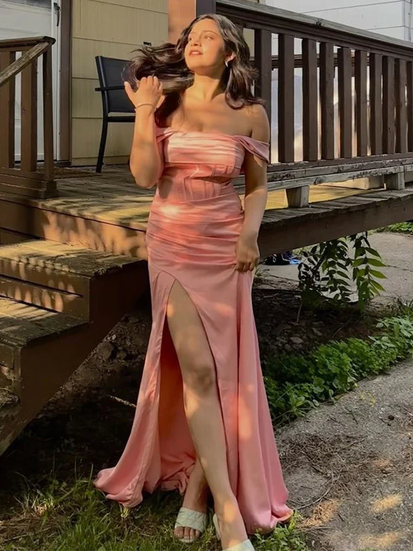 Beautiful Pink Off Shoulder Slit Long Prom Dress Evening Dress SH1511