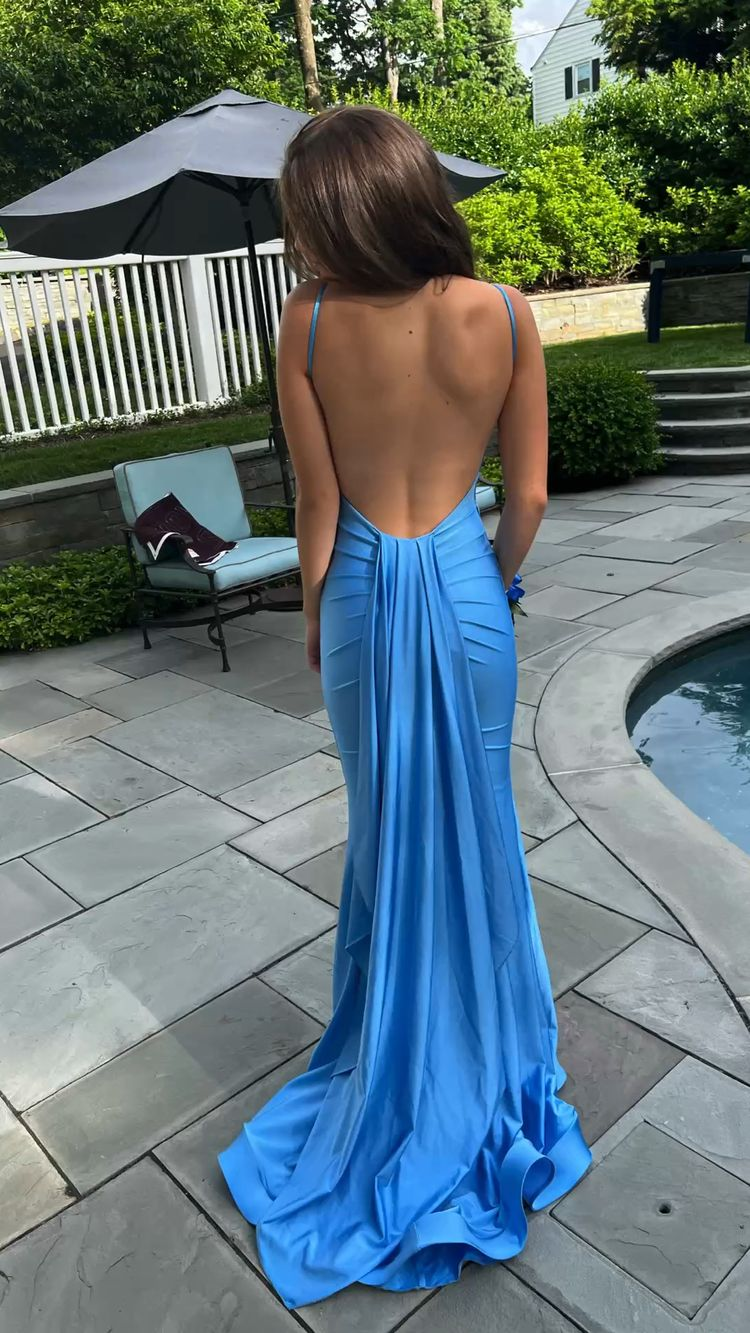 Sexy Blue Mermaid Prom Dresses,Open Back Long Evening Party Dress SH666