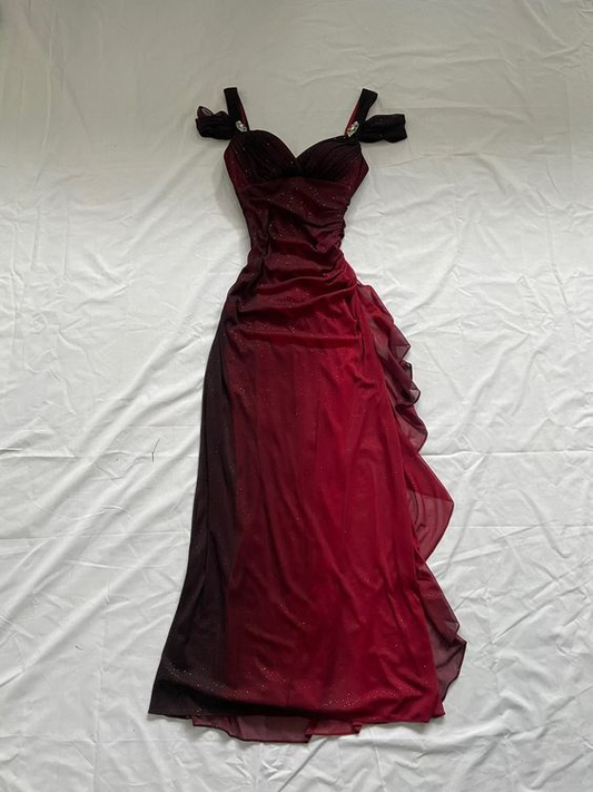 Sexy A Line Straps Ombre Burgundy Chiffon Long Prom Dress SH1232