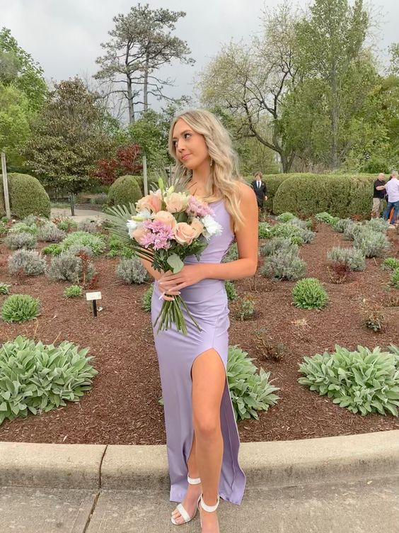 Light Purple Side Slit Satin Prom Dress Long Party Dress Evening Dress SH1073