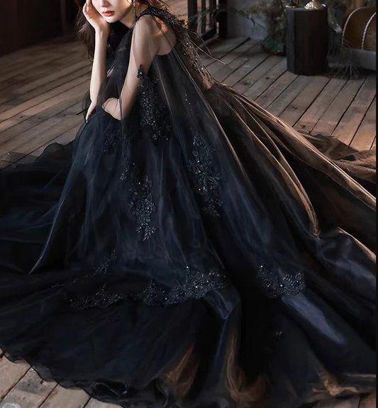 Black V neck Tulle Lace Long Prom Dresses, Elegant Formal Evening Dresses SH840