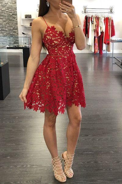 Deep V Neck Spaghetti Straps Lace Hollow Flowers Short Pleated Homecoming Dresses SH591