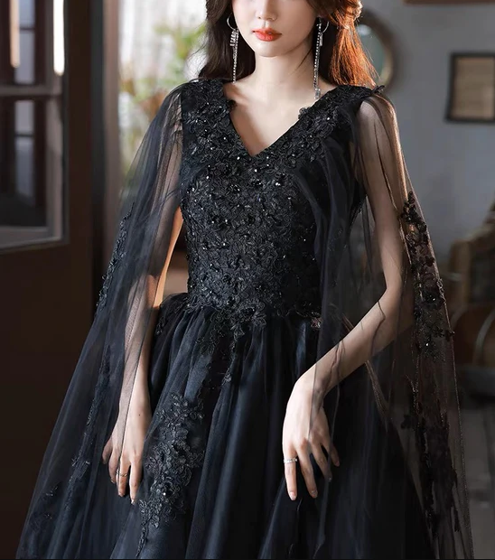 Black V neck Tulle Lace Long Prom Dresses, Elegant Formal Evening Dresses SH840