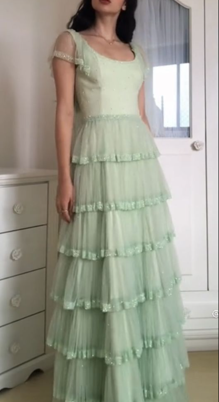 Shiny Tulle Layered Long Green Prom Dress SH1142