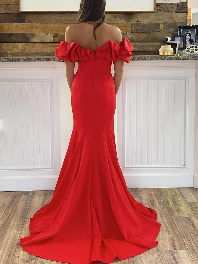 Fashion Red Off The Shoulder Mermaid Prom Dress,Slit Satin Evening Dress SH841