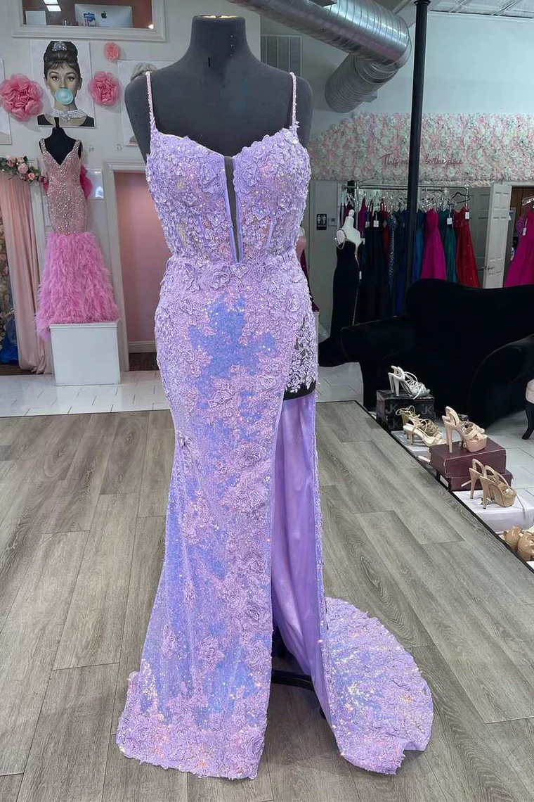 Sequins Lace Applique Spaghetti Straps Long Prom Dress With Slit SH863