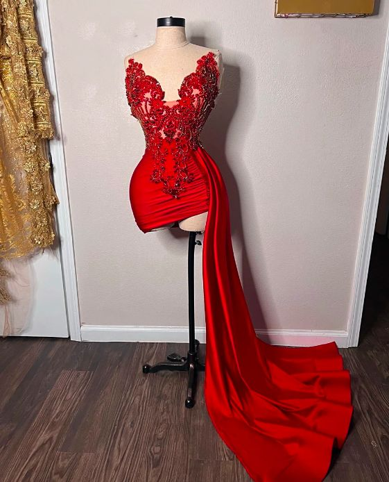 Red Beaded Appliques With Train Prom Dresses，Sweetheart Mini Cocktail Evening Dress SH797