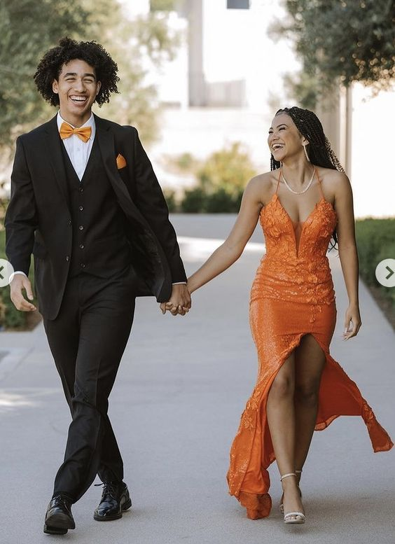 Orange V Neck Slit Prom Dress Long Evening Dress SH708