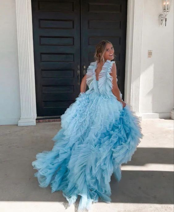 Light Sky Blue Princess Tulle Ruffle Straps Tiered Long Prom Dress SH740