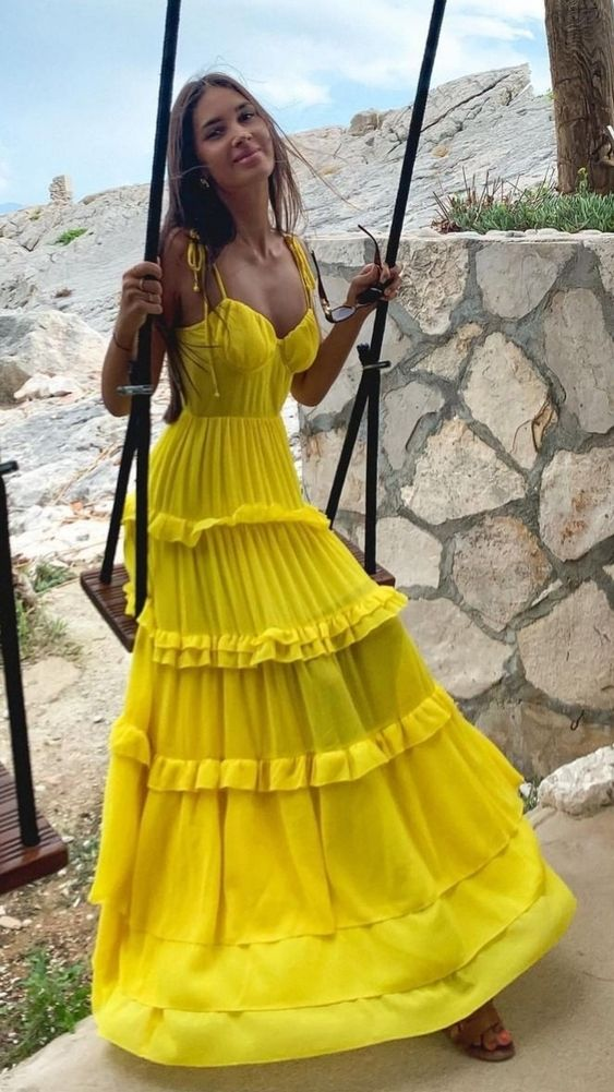Yellow Spaghetti Strapless Long Prom Dresses Evening Dresses  SH728