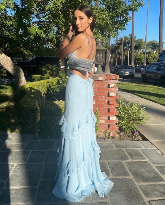 Spaghetti Straps Mermaid V Neck Blue Backless Long Prom Dress Formal Party Evening Gown SH1057