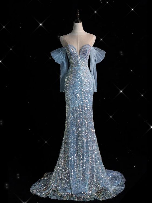Blue Sequins Mermaid Prom Dress Sparkly Evening Gown SH1299