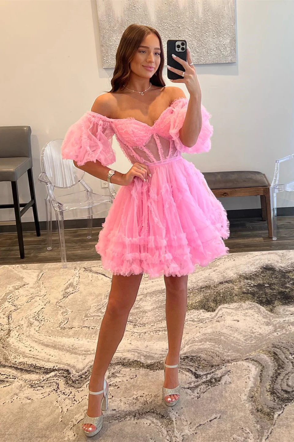 Pink Off-the-Shoulder Ruffles Puff Sleeves Homecoming Dress,Party Dress SH603