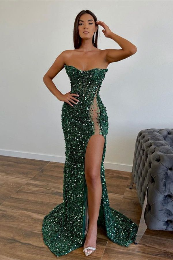 Charming Dark Green Sleeveless Sequins Mermaid Slit Long Prom Dress SH730