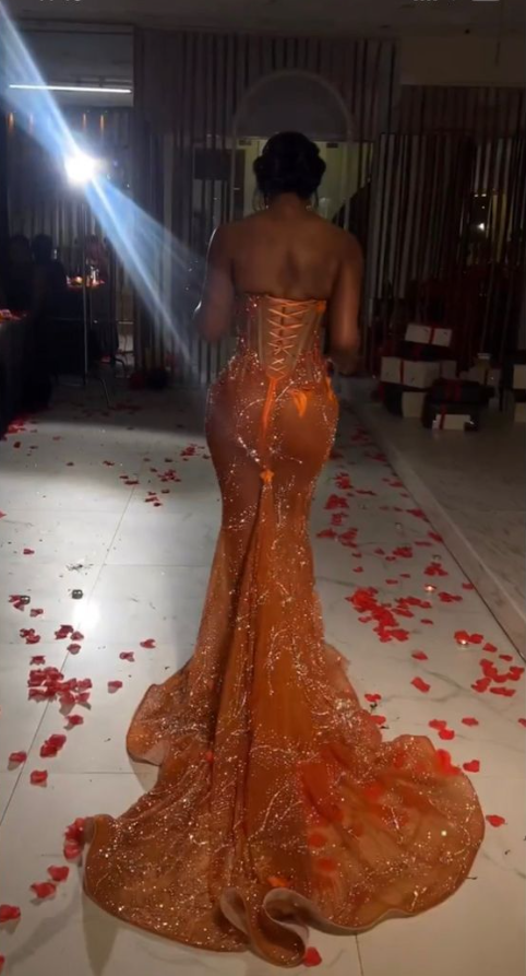 Gorgeous Orange Beaded Applique Mermaid Evening Dress Long Prom Dress SH935