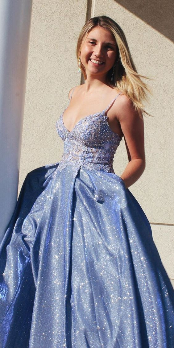 Chic Blue Satin Appliques Long Evening Dress Prom Dress  SH999