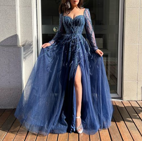 Blue Long Sleeves Slit Prom Dress Long Party Dress Evening Dress SH903