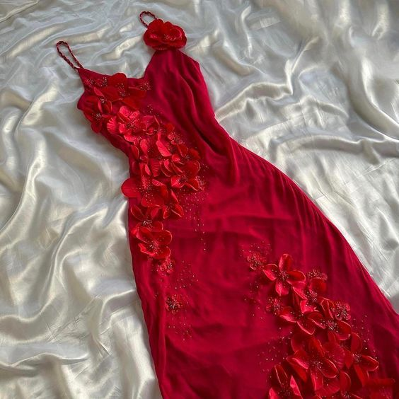 Spaghetti Straps Red Chiffon Applique Mermaid Prom Dress Evening Gown SH1290