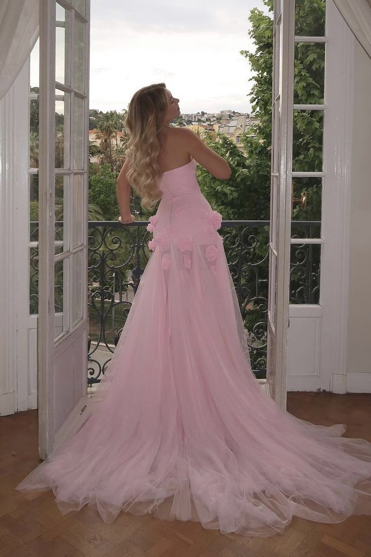 Charming Pink Strapless High Slit Flower Prom Dress SH717