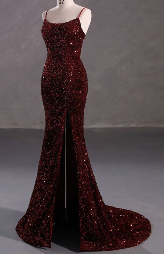 Burgundy Sequin Mermaid Backless Prom Dress Long Evening Dress SH1054