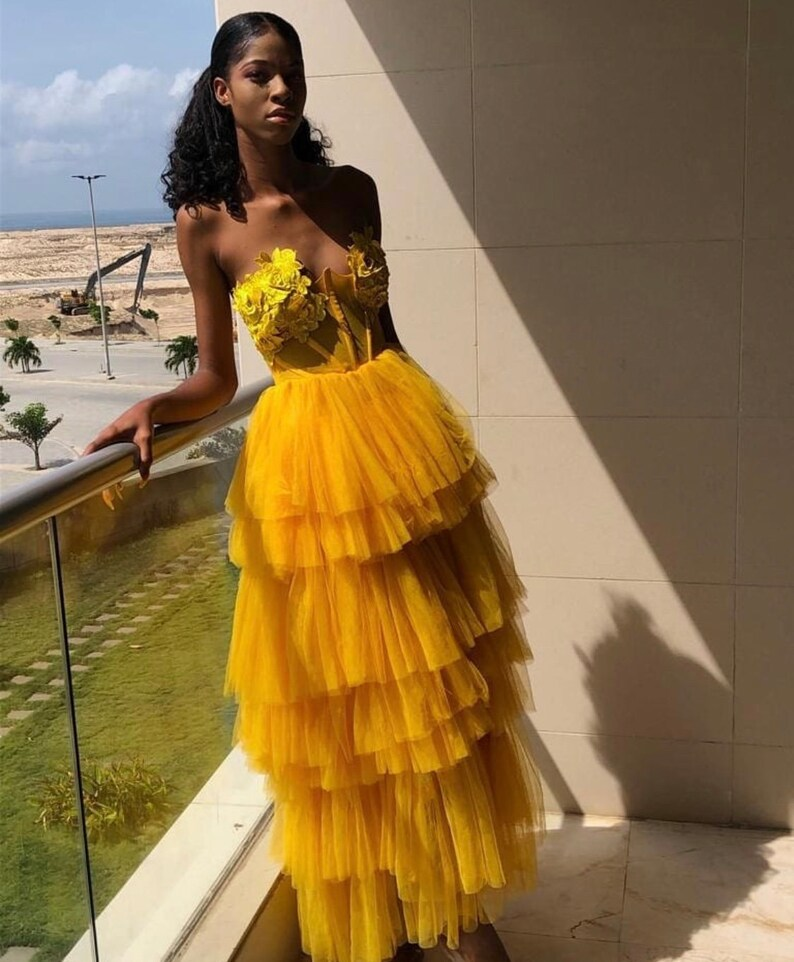 Unique Yellow Strapless  Layered Tulle Long Prom Dress  SH722