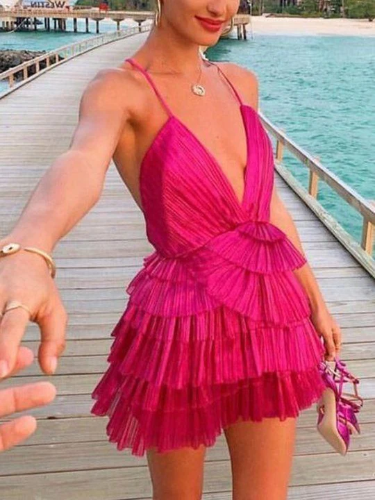 Unique Hot Pink Pleated V-Neck Homecoming Dress SH1419