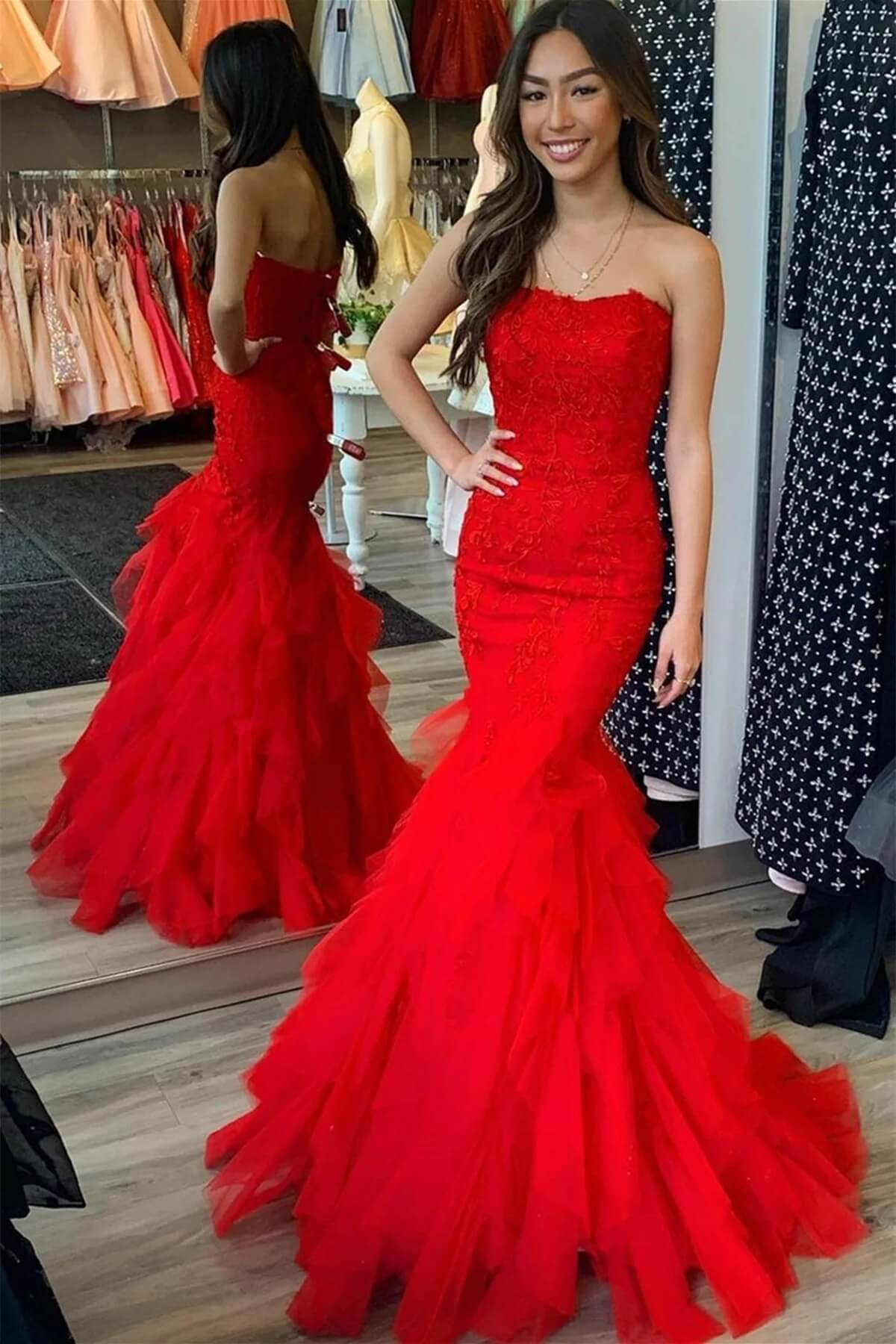Ruffle Red Lace Prom Dresses Mermaid Tulle Long Formal Evening Dress SH827