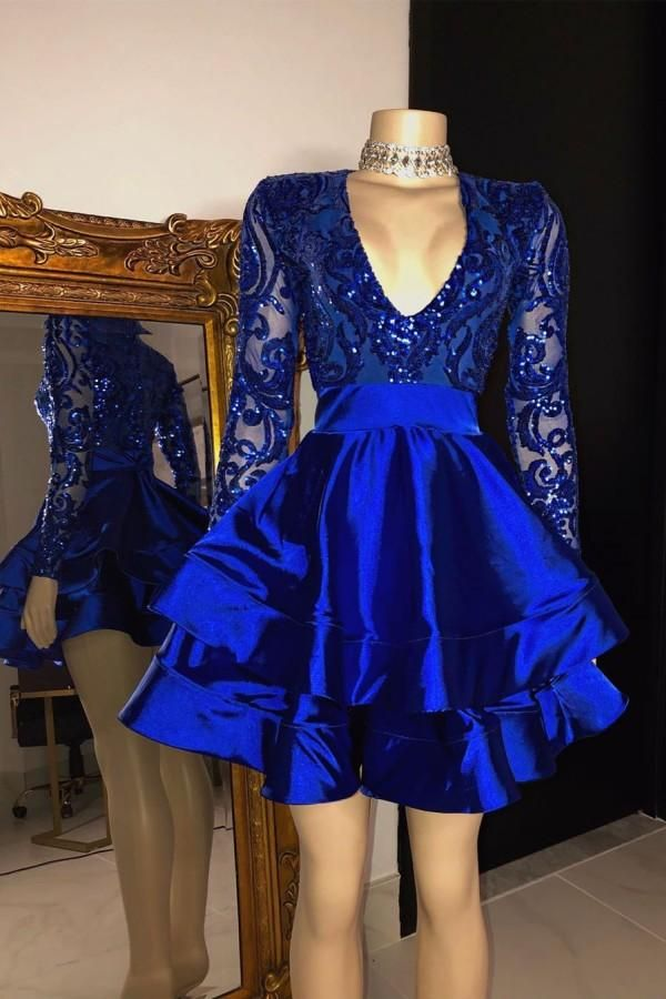 Sexy Long Sleeve Cocktail Dresses,Royal Blue Homecoming Dresses SH692