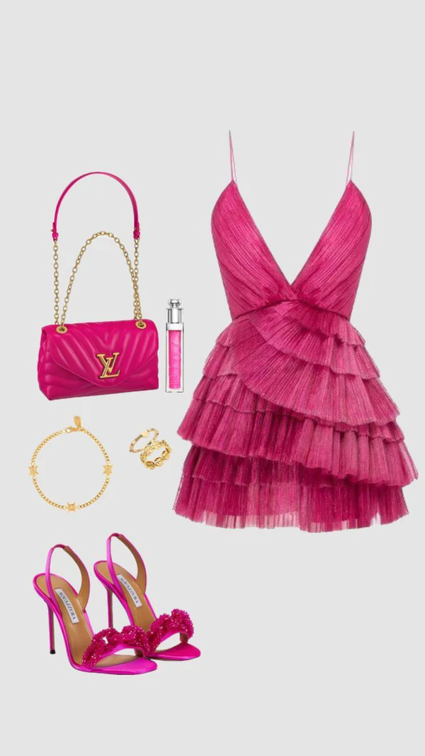 Unique Hot Pink Pleated V-Neck Homecoming Dress SH1419