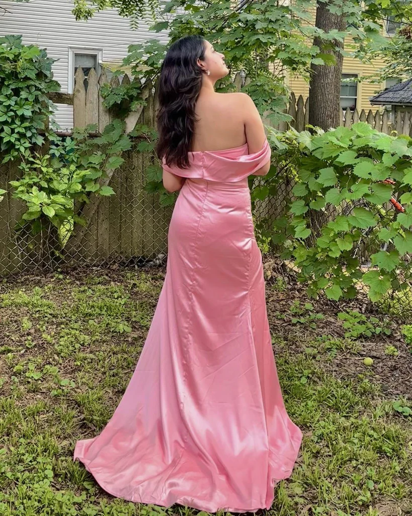 Beautiful Pink Off Shoulder Slit Long Prom Dress Evening Dress SH1511