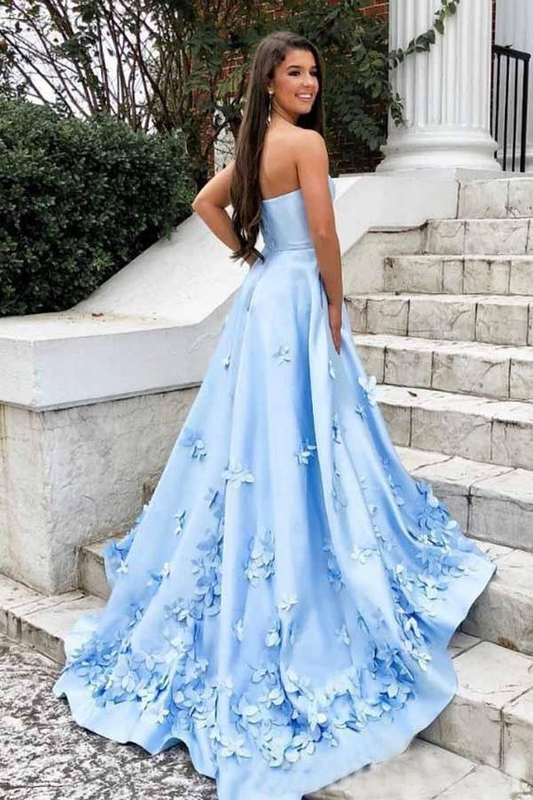 Strapless Blue Sweetheart Neck Sweep Train Satin Prom Dresses  SH853