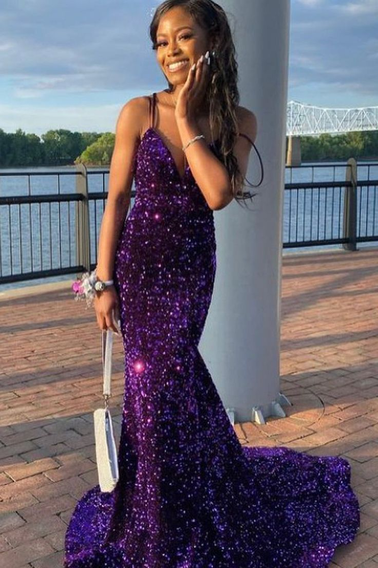 Purple Sequin Mermaid Prom Dress Long Party Dress SH1018