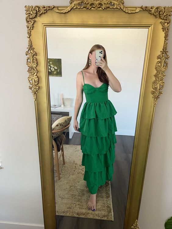 Green Spaghetti Straps Layered Long Prom Dress SH1126