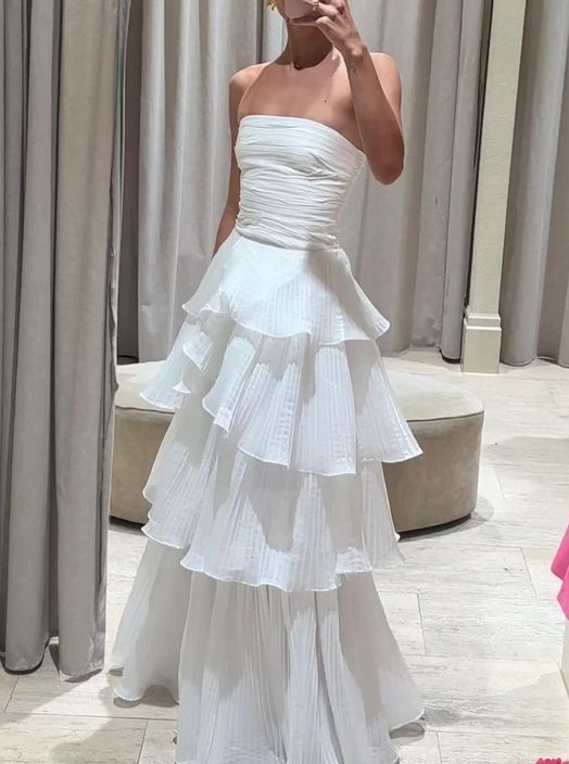 White Strapless Multi-layer Evening Dress Long White Prom Dress SH1367