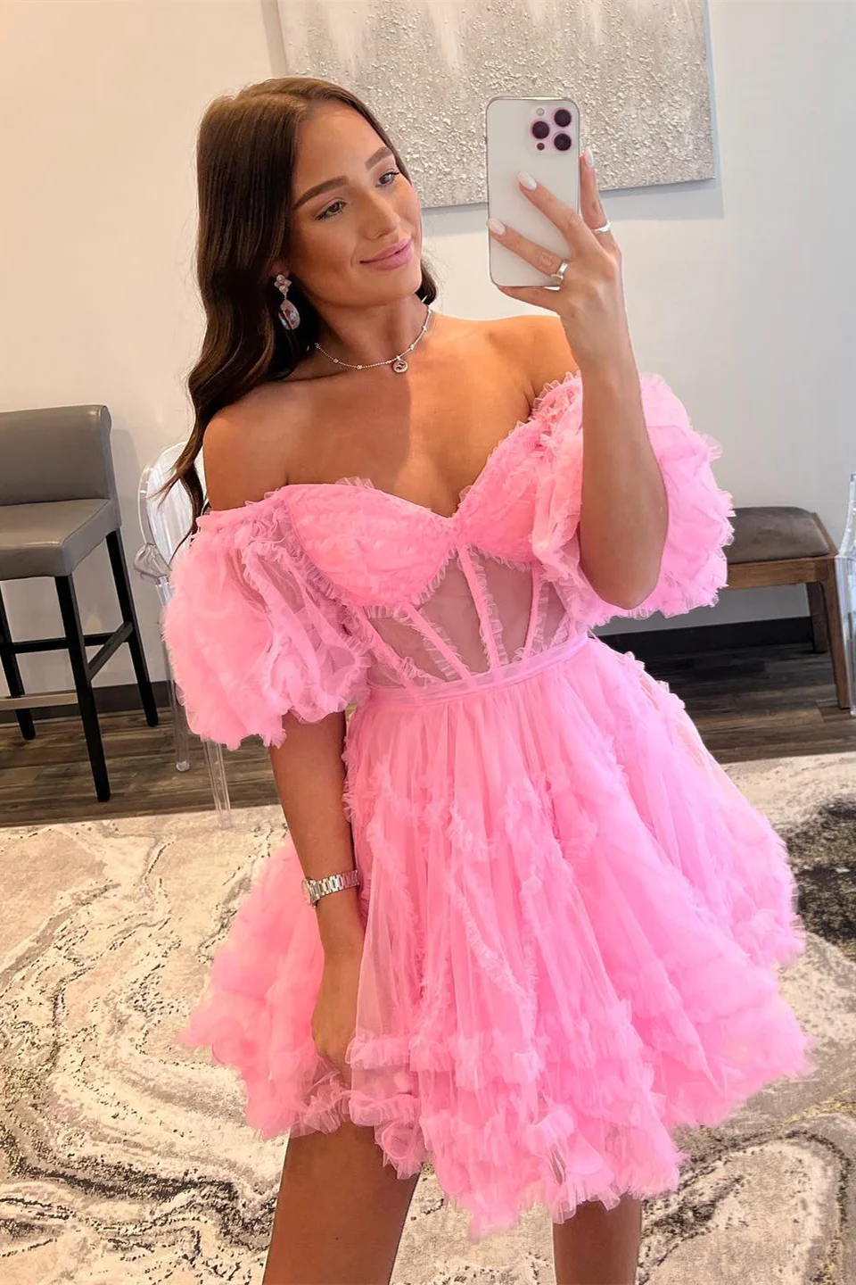 Pink Off-the-Shoulder Ruffles Puff Sleeves Homecoming Dress,Party Dress SH603