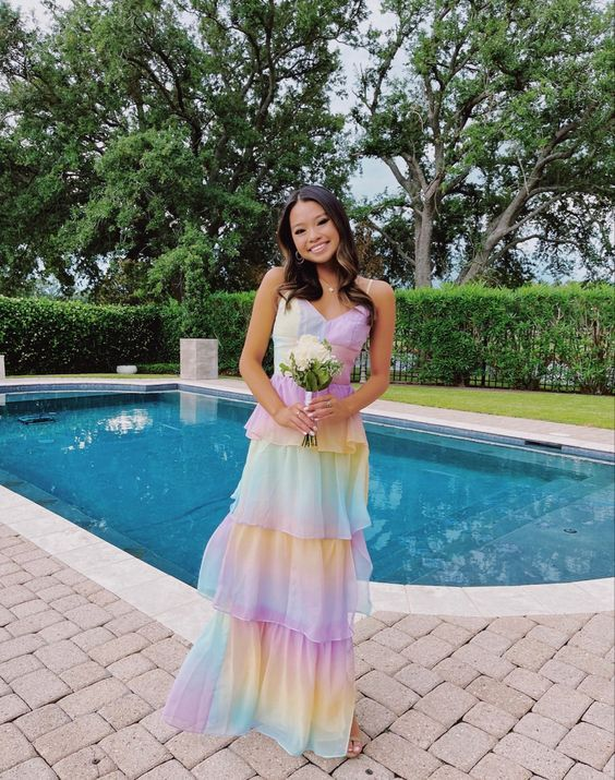 Spaghetti Straps V Neck Layered Chiffon Rainbow Long Prom Dress SH1168