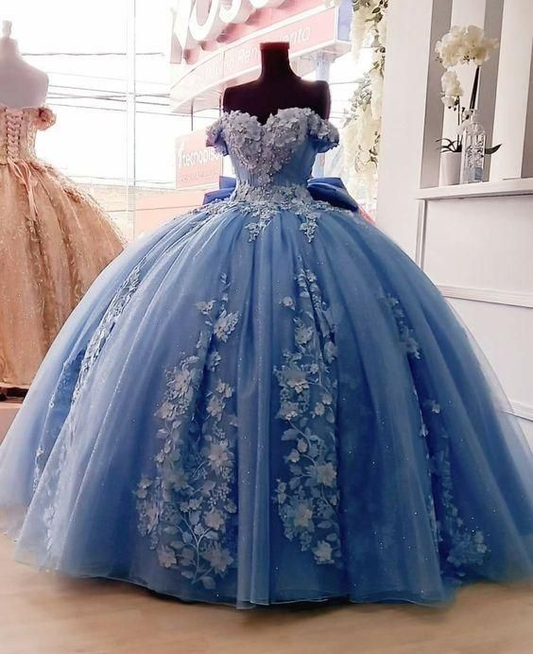 Sweetheart Tulle Applique Quinceanera Dresses Blue Off Shoulder Formal Prom Dress SH805
