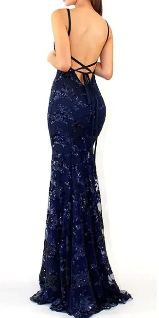 Navy Blue Mermaid Lace Long Evening Dress Formal Prom Dress SH673